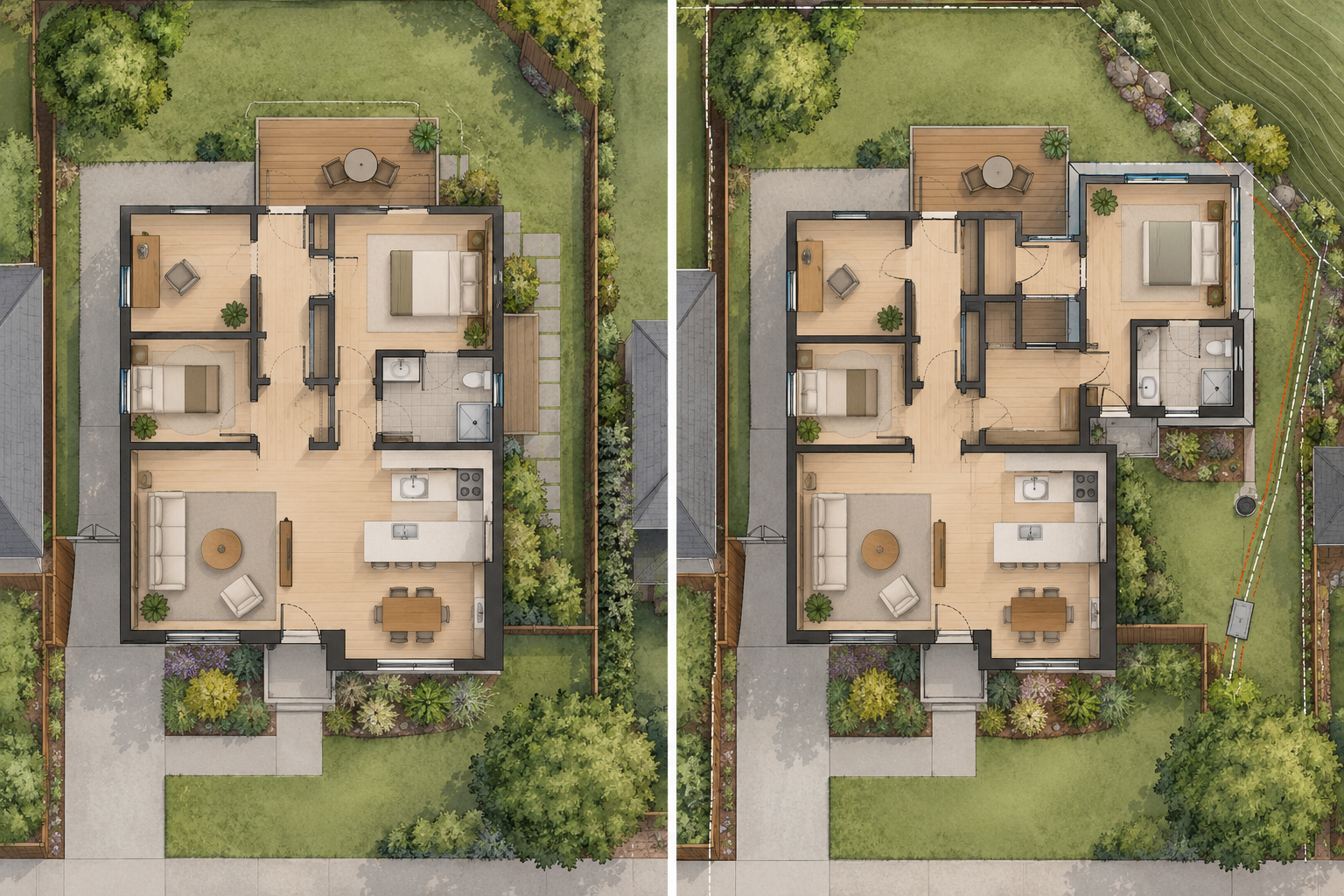 Two plan views compare reconfiguring the existing home with adding connected accessible living space while retaining the same site context.