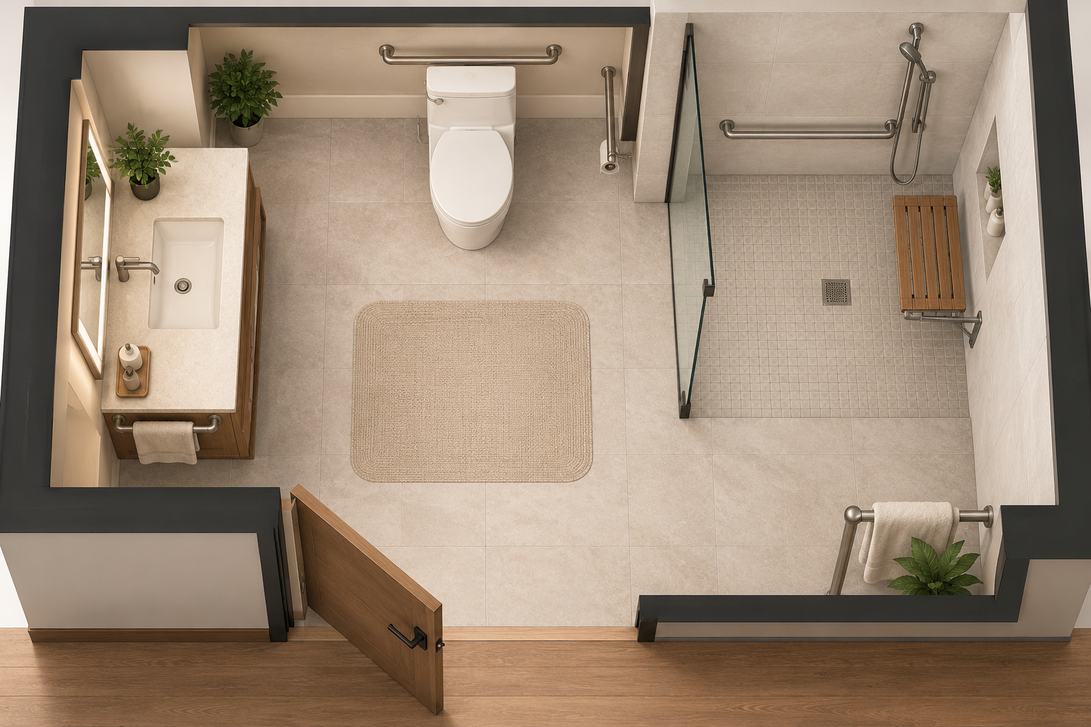 Top-down bathroom layout links the doorway approach and open circulation area with the sink, toilet, and bathing zone.