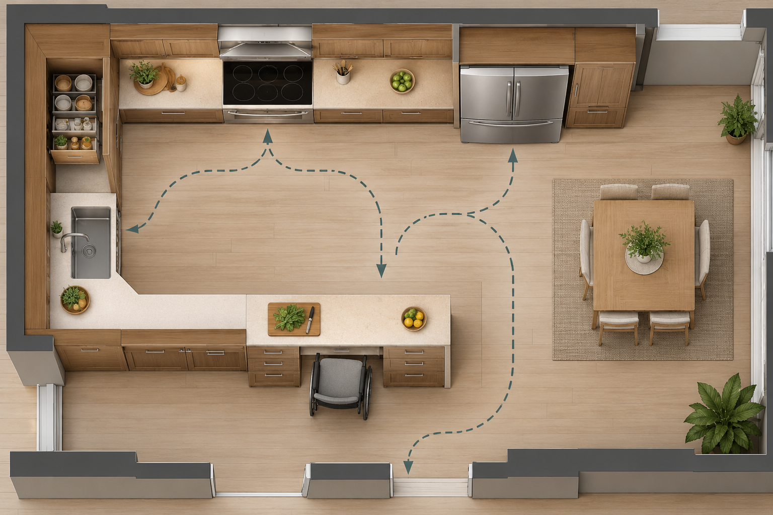 Top-down kitchen plan traces a connected route among storage, preparation, sink, appliances, and a seated work surface.