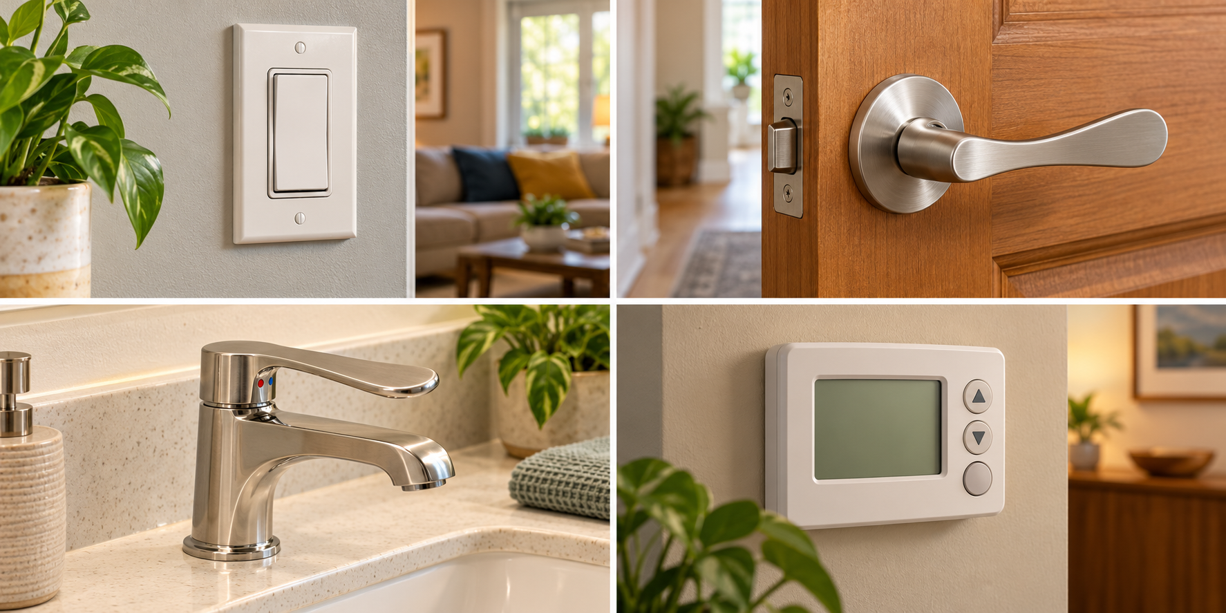Examples of everyday home controls include a light switch, lever handle, single-lever faucet, and thermostat.