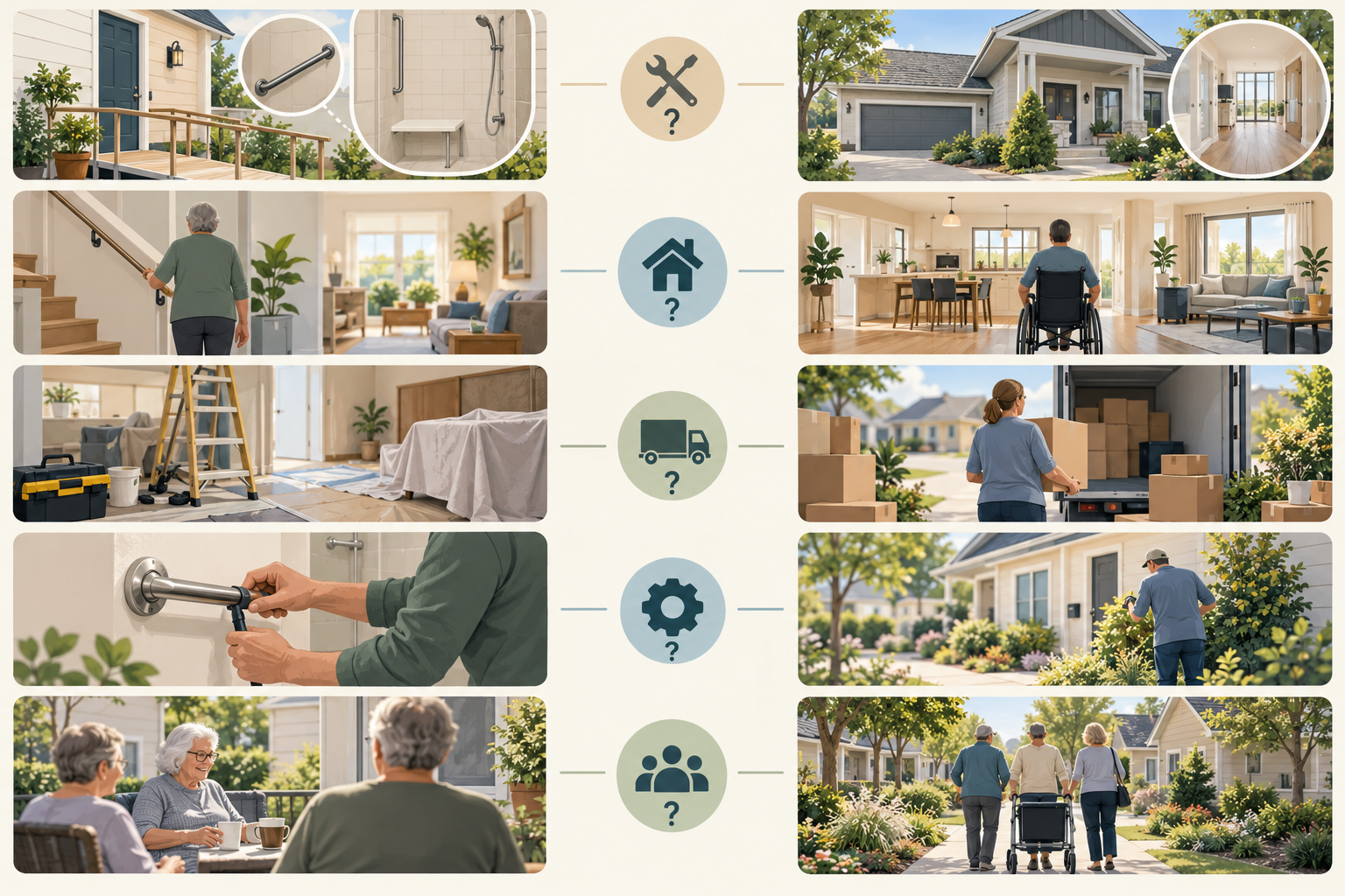 A balanced comparison of adapting a current home and moving, with route fit, disruption, upkeep, and household support among the shared considerations.