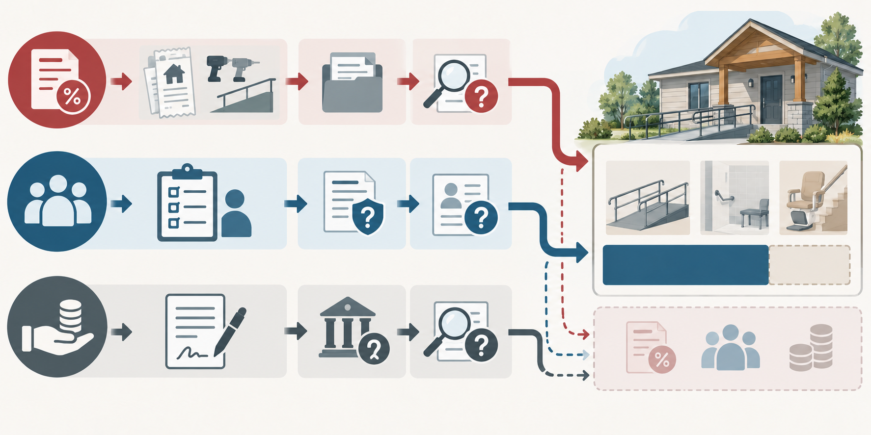 Distinct tax, provincial-assistance, and loan pathways use separate checks before any amount is counted in a project budget.