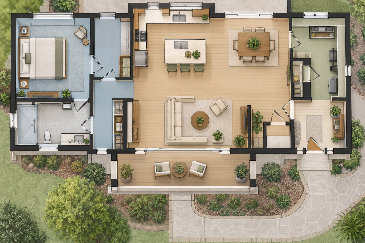 A home plan distinguishes private bedroom and bathroom space from shared kitchen and living areas, with storage nearby.