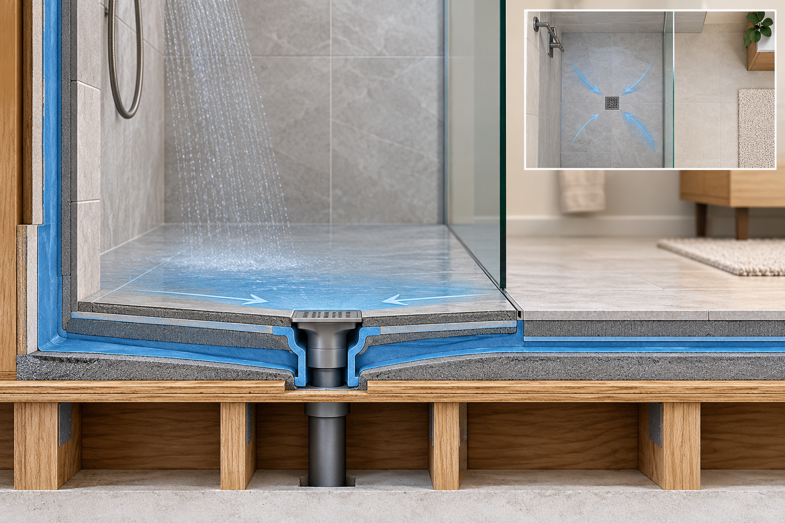 Cutaway shows a curbless shower floor, drain, waterproofing layer, floor structure, and flush transition to the bathroom.
