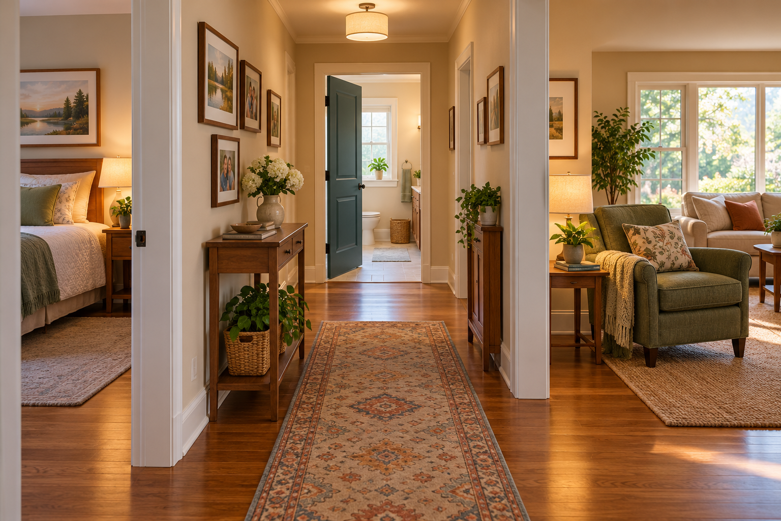 A familiar home hallway connects the bedroom, bathroom, and living room with clear routes, warm lighting, and familiar visual cues.