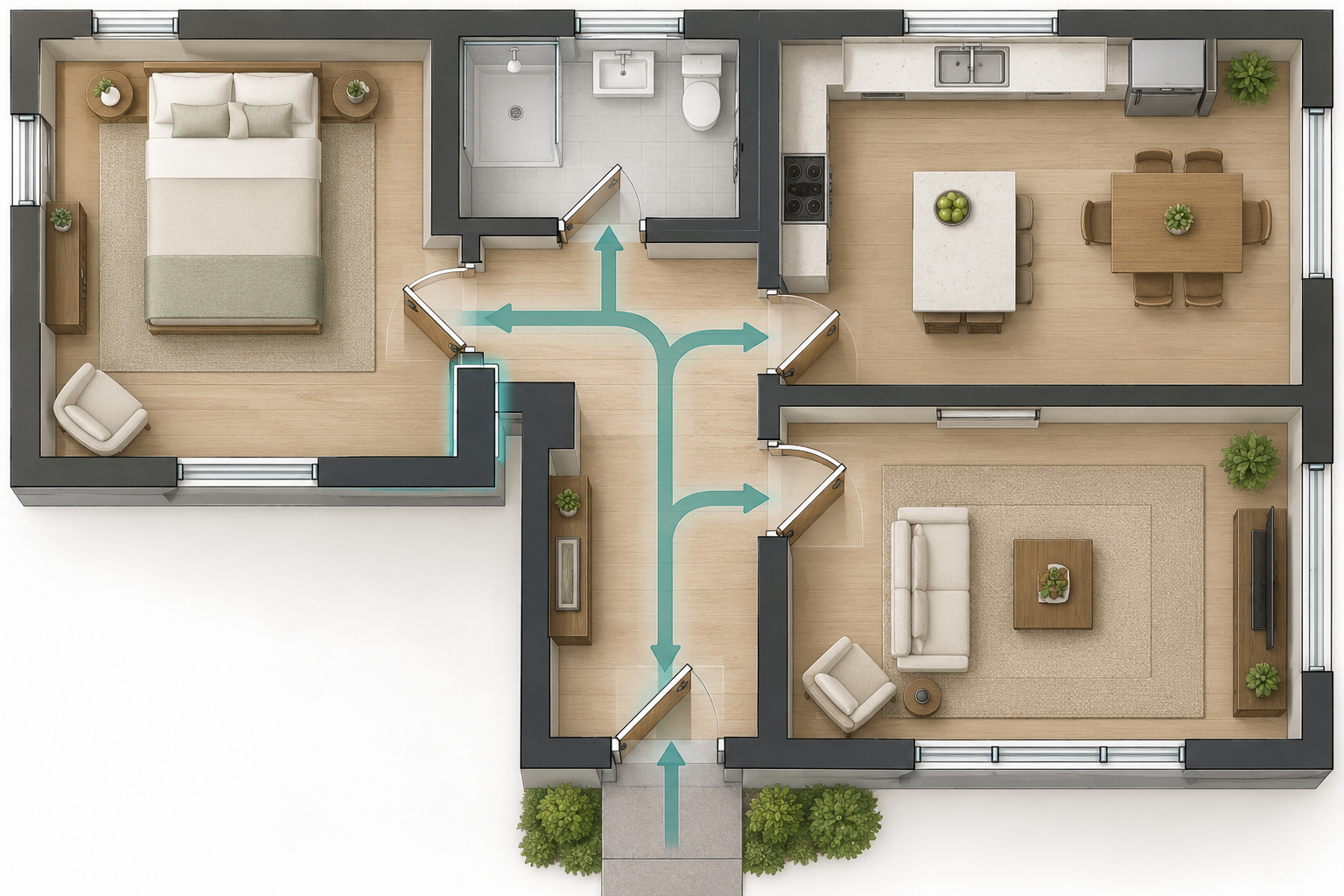 A continuous home route branches from the entrance to several rooms, showing why doorways and hall approaches must be considered together.