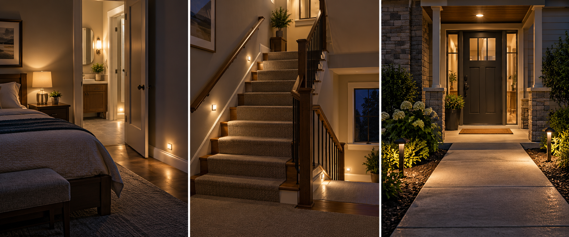 Night-time bedroom route, stairway, and exterior entry shown as separate home conditions to inspect.