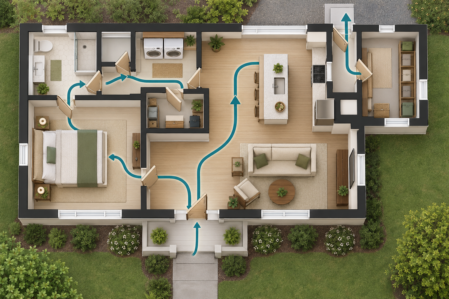 A first-floor plan connects the entrance, bedroom, bathroom, laundry, storage, kitchen, living area, and exit.