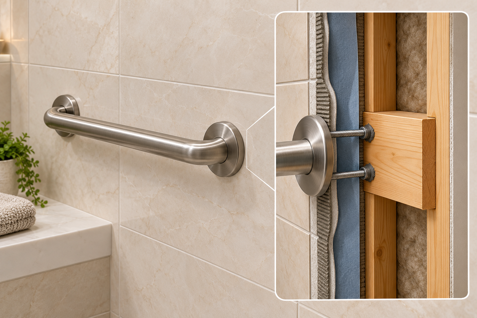 Bathroom grab bar cutaway reveals tile, waterproofing, wall finish, framing, and reinforcement behind the visible mounting points.