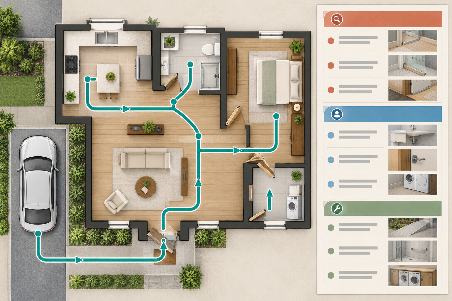 Top-down home route assessment paired with a written handoff for barriers, professional follow-up, and quote-ready work.