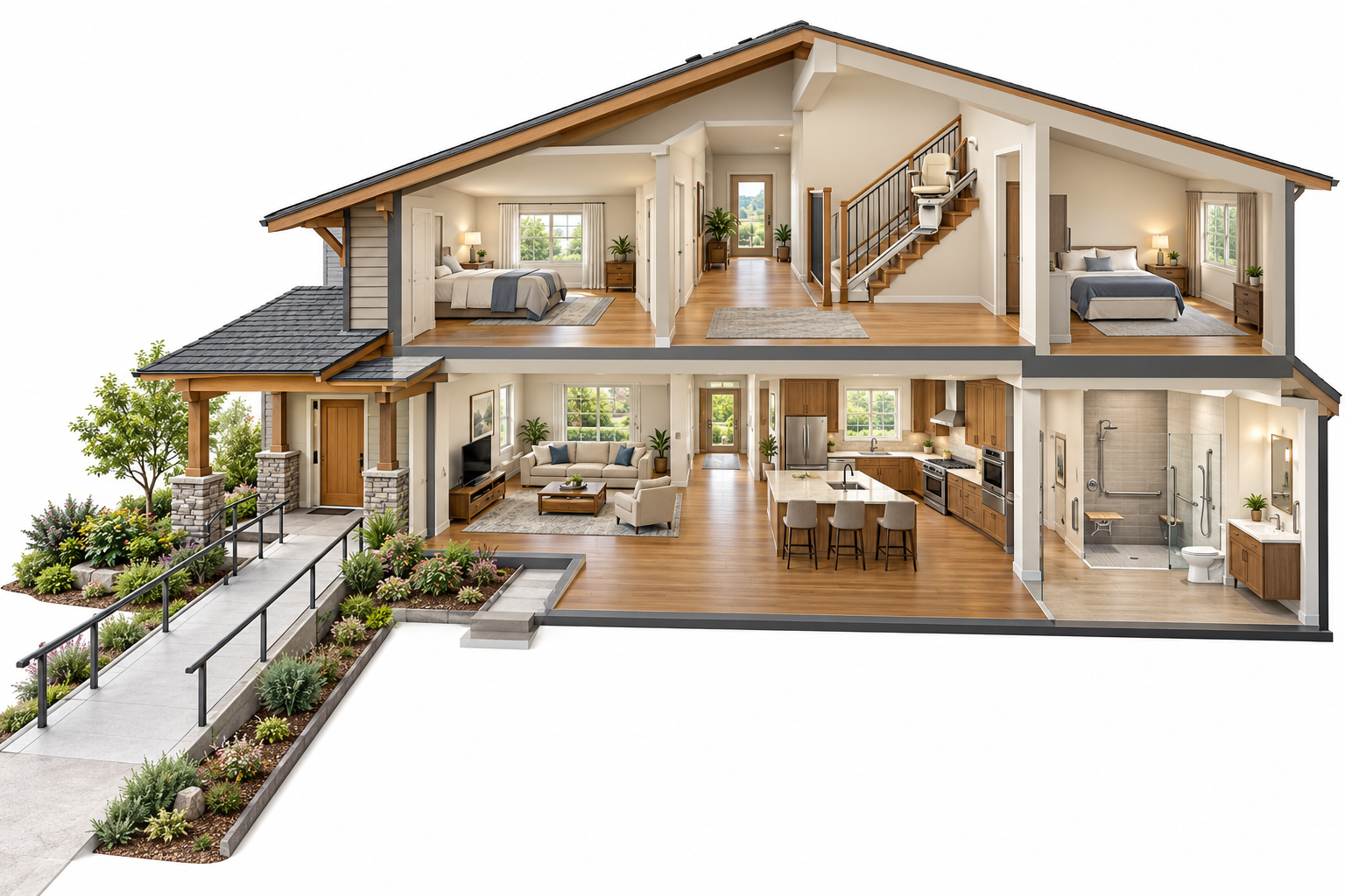 Cutaway of a home with a step-free entrance route, adapted rooms, and a stair lift illustrating different accessibility project scales.