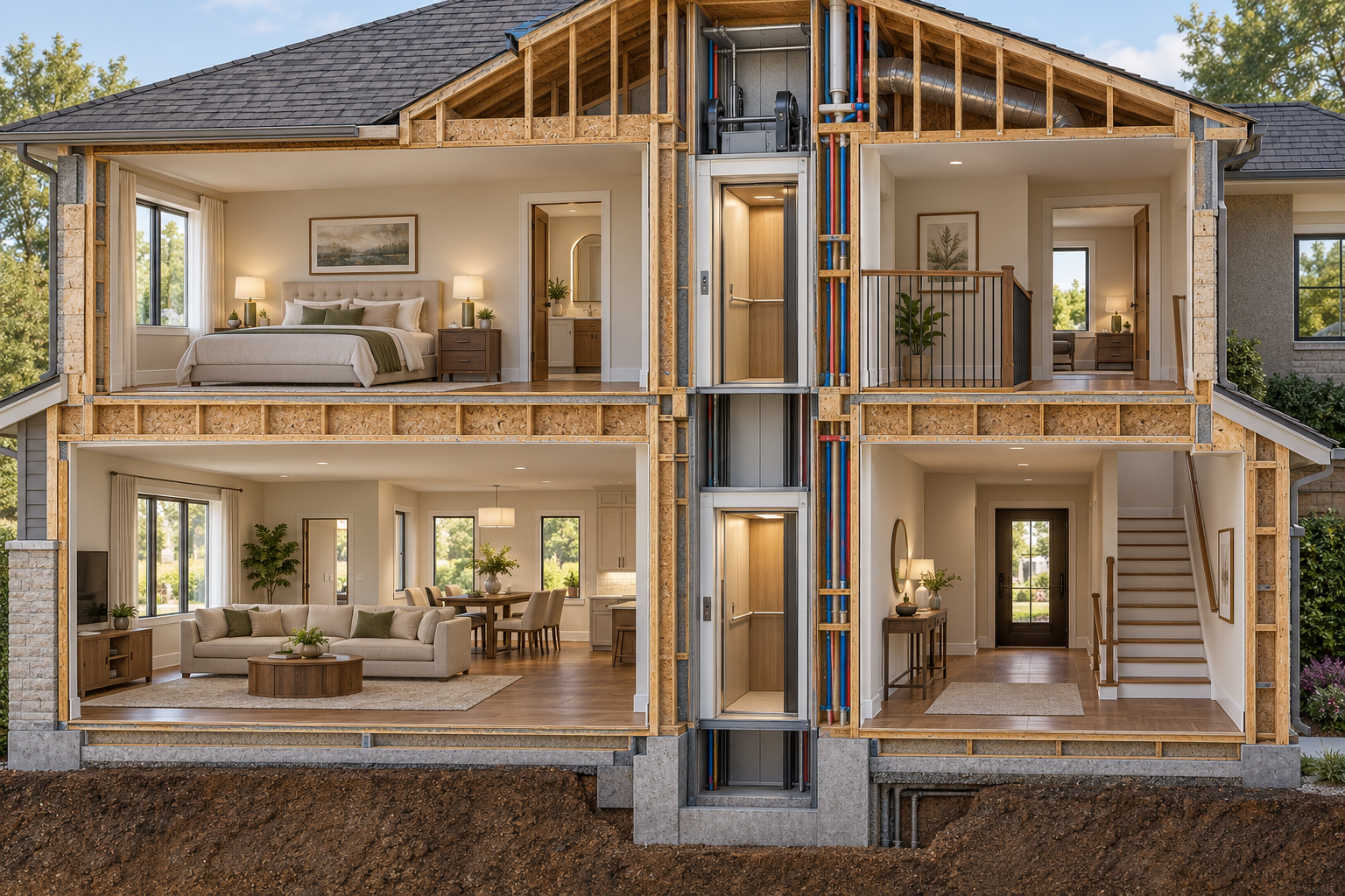 Cutaway of a two-story home shows an elevator shaft connecting landings through existing floors alongside structure and utility routes.