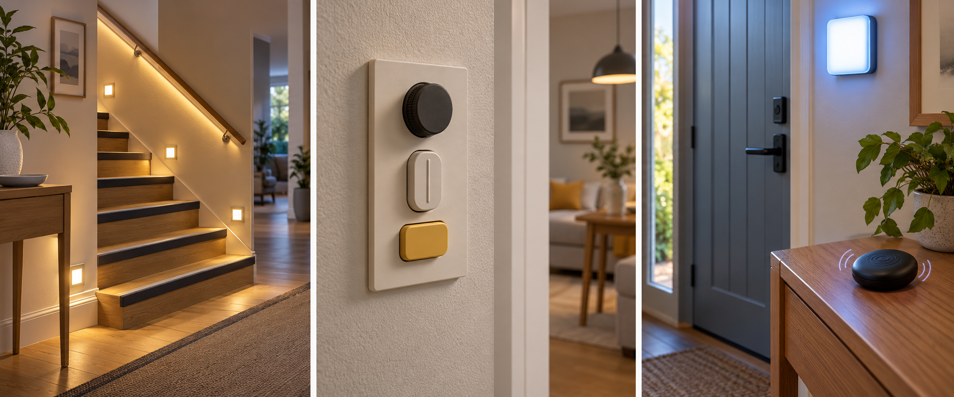 Sensory access examples show lit stair edges, differentiated wall controls, and a visual door signal paired with a vibrating alert.