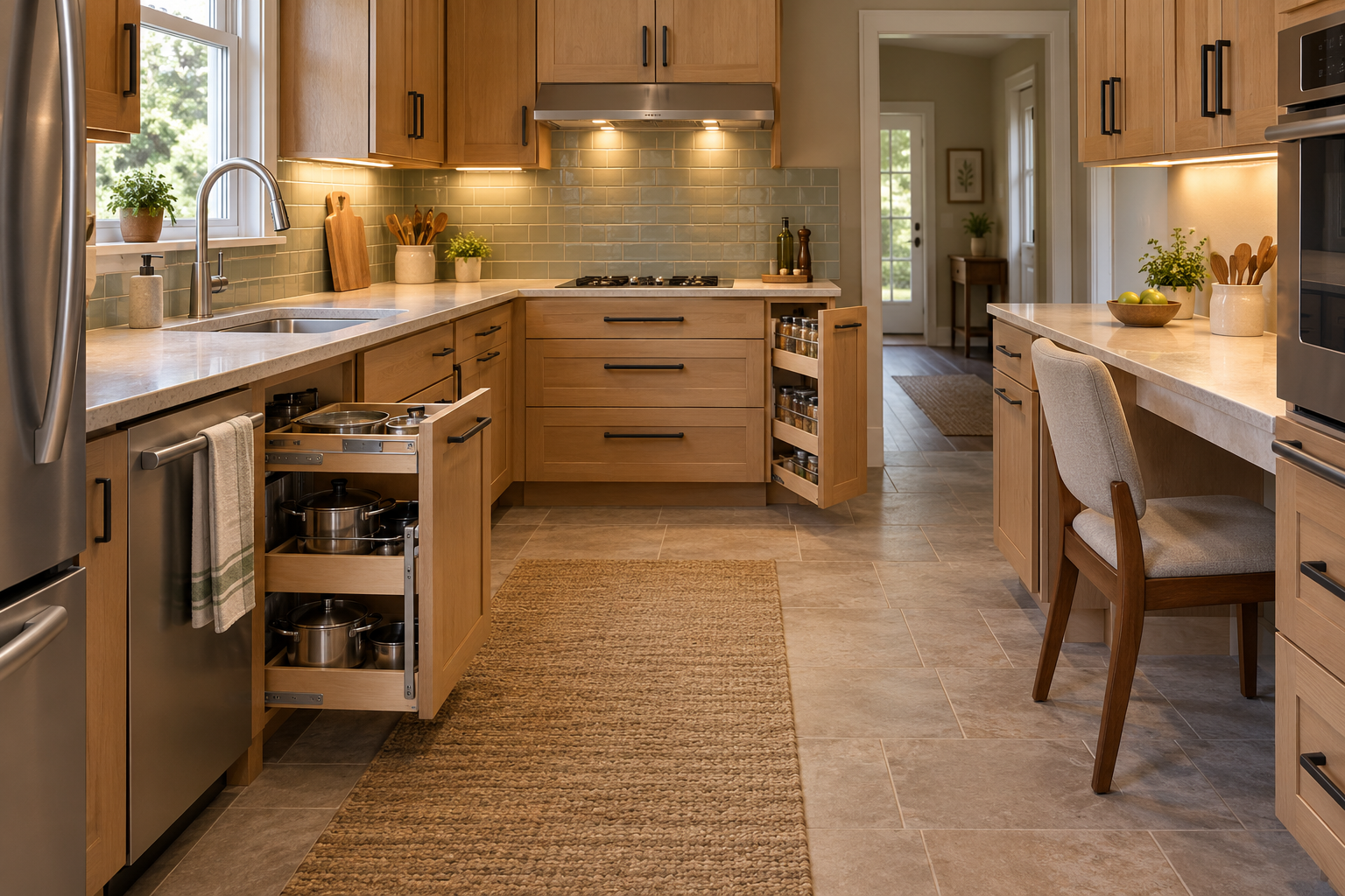An existing kitchen with targeted changes including pull-out storage, task lighting, and a seated work area.