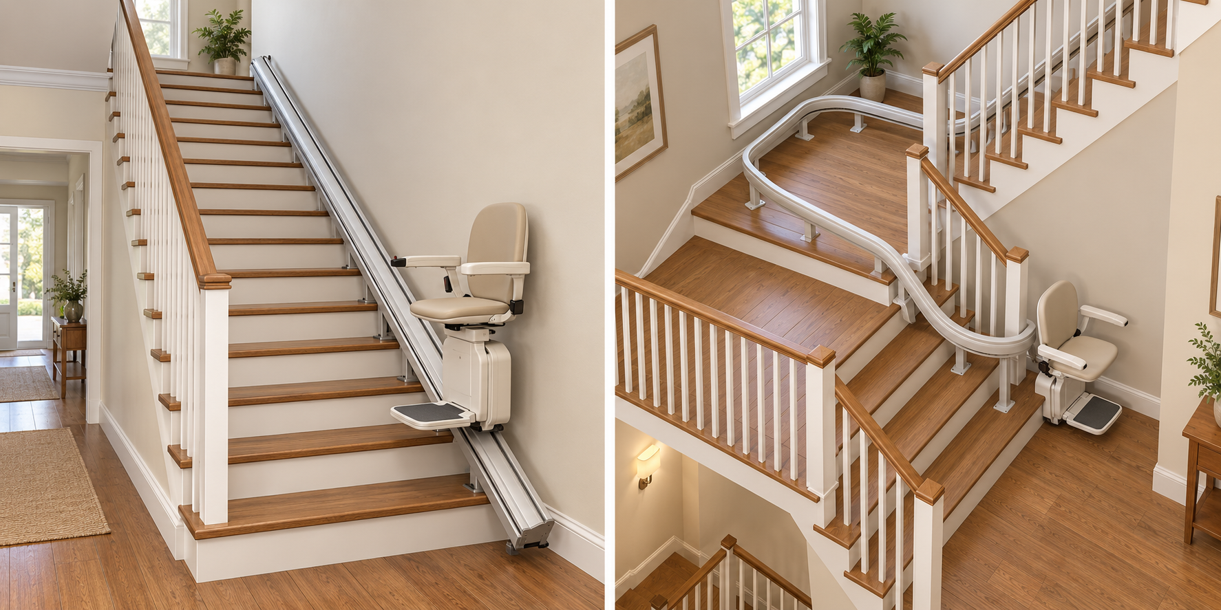 A straight-flight stair lift and a turning staircase with a custom curved rail illustrate different installation geometries.