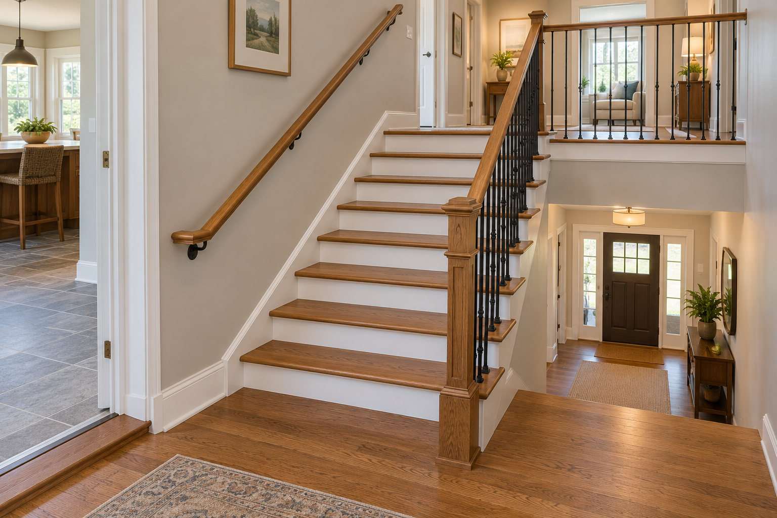 A residential stair route with visible handrails, treads, lighting, and clear landings at both ends.