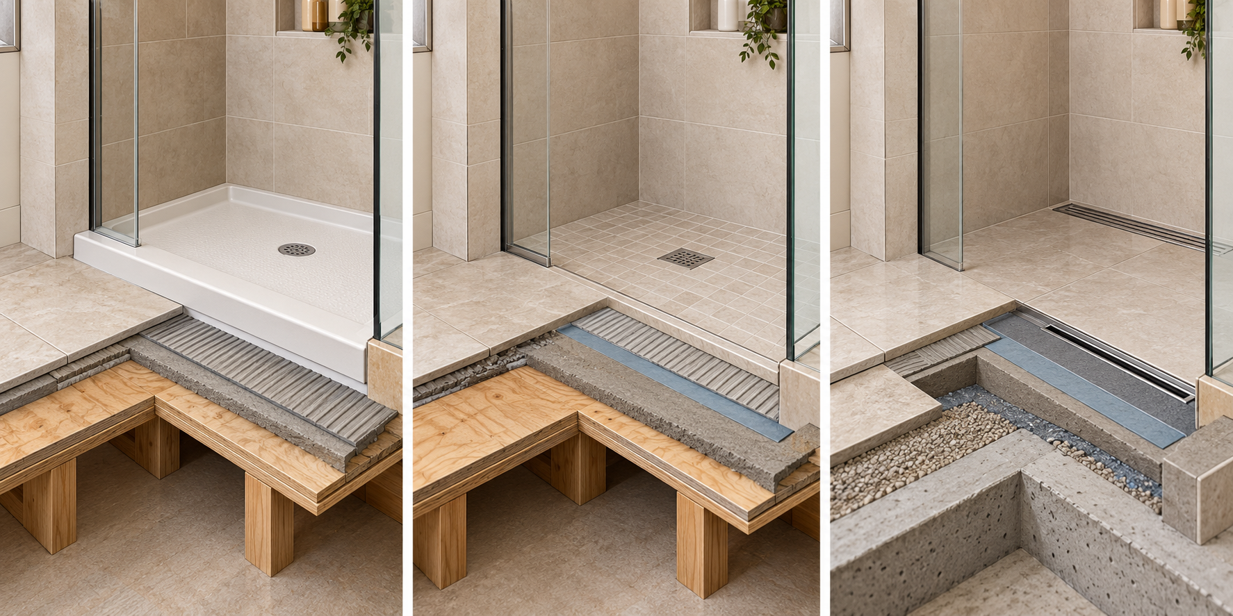Three shower conversion scopes show a prefabricated base, a low-threshold arrangement, and a curbless floor reconstruction.