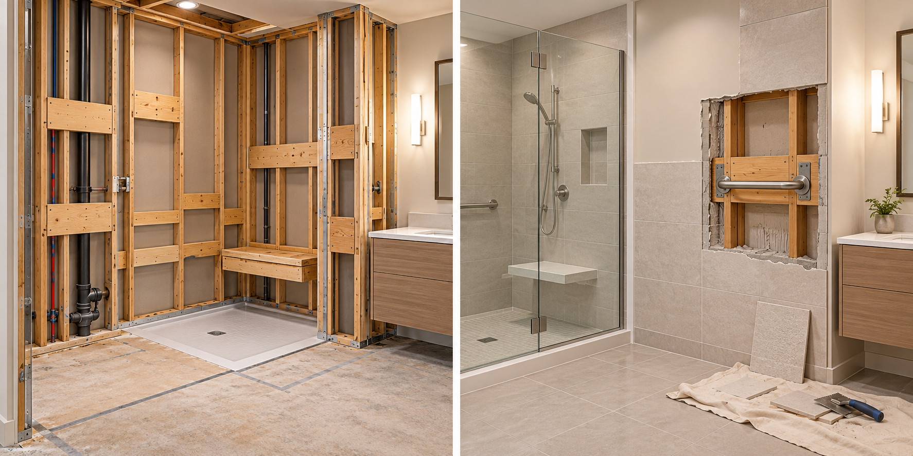 Side-by-side bathroom construction stages show reinforcement coordinated while a wall is open and a later retrofit that reopens a finished wall.