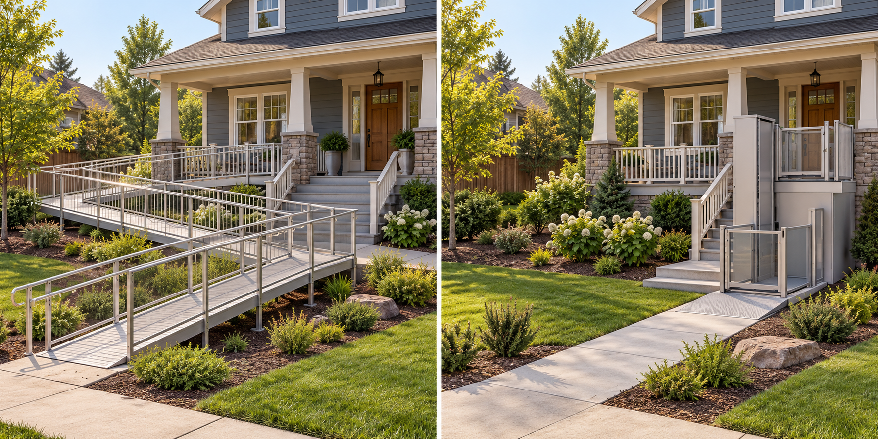 Side-by-side entrance routes compare a long ramp occupying yard space with a vertical platform lift at the same raised porch.