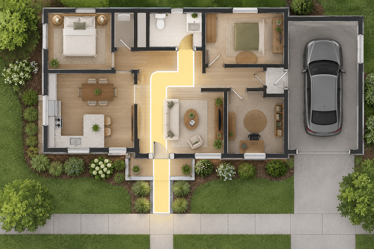 A highlighted step-free route connects the exterior entrance, main-level living area, and toilet room in a single-story home.