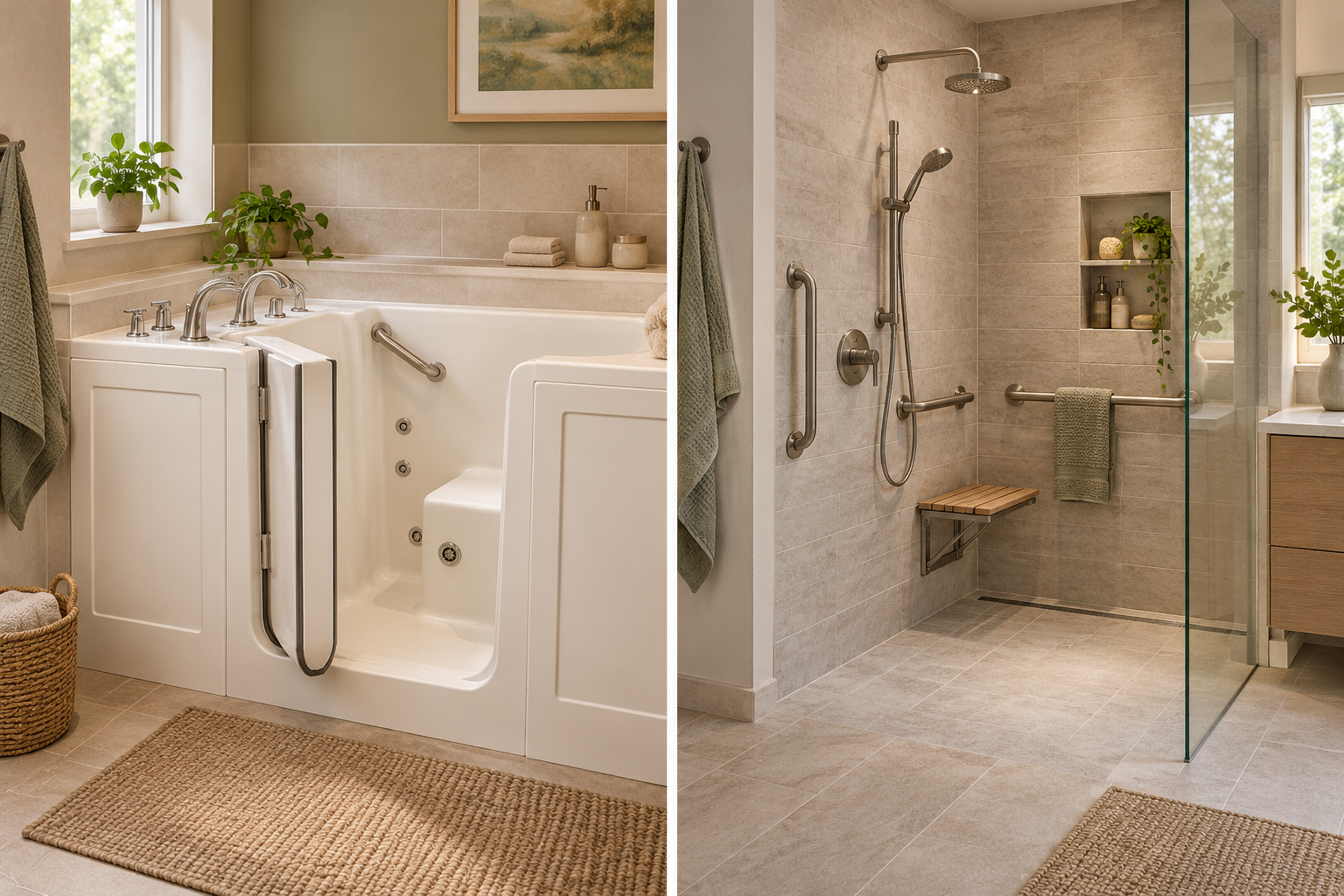 A walk-in tub with an entry door and a curbless shower with an open entry and seat shown side by side.