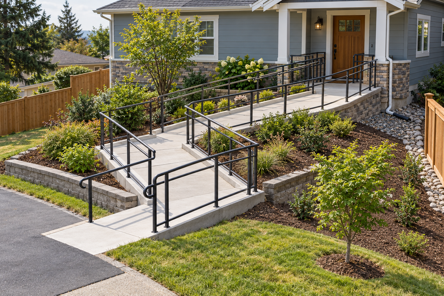 A residential ramp route with turns and landings connects a sloped approach to the entry while fitting within the yard.