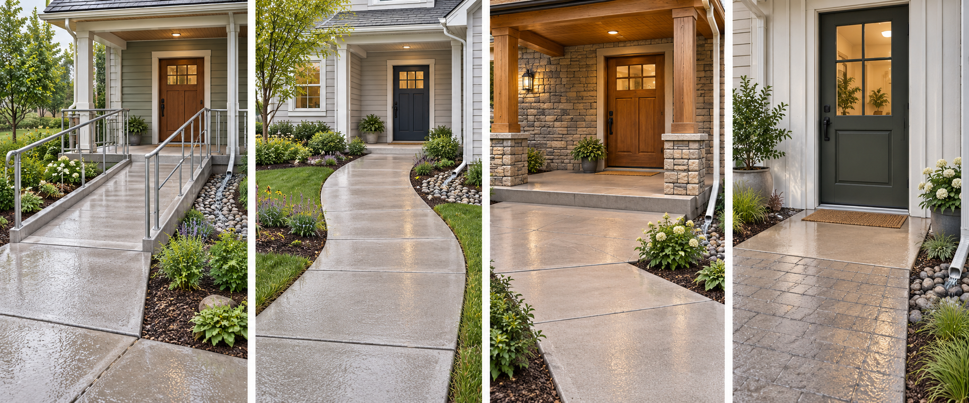 Four step-free entry approaches shown side by side: ramp, regraded walkway, rebuilt porch, and threshold-level work.