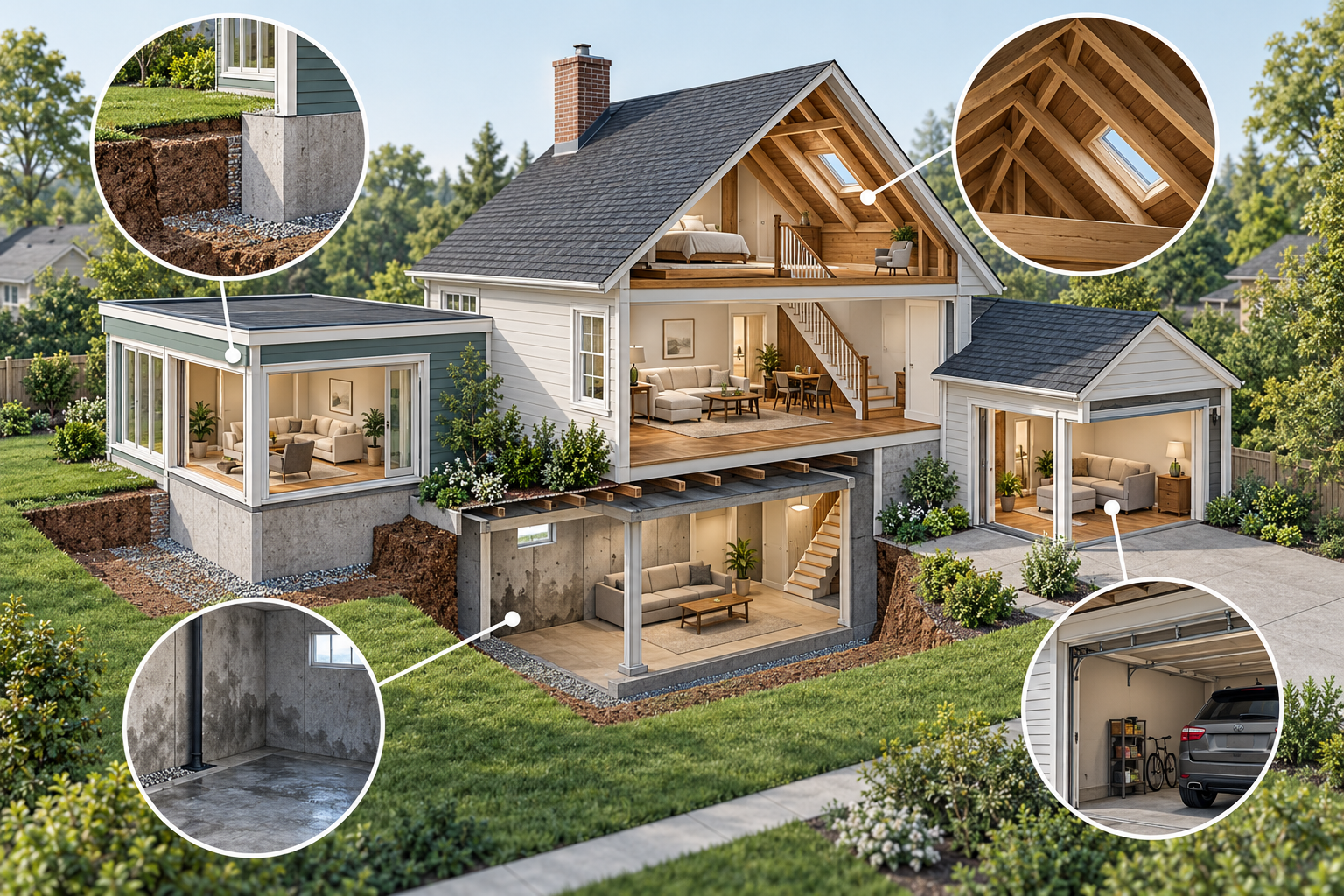 Illustrated comparison of creating a new addition with adapting basement, attic, and garage spaces, each with different feasibility constraints.