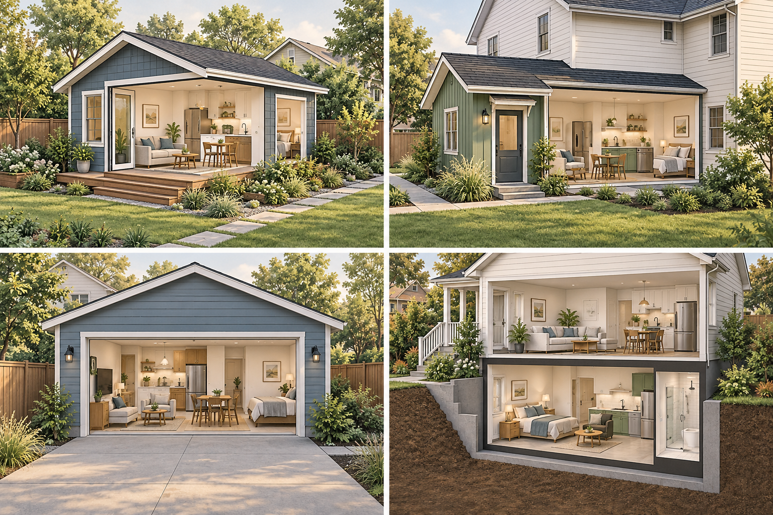 Four ADU layouts shown as cutaway illustrations: detached cottage, attached addition, garage conversion, and basement suite.