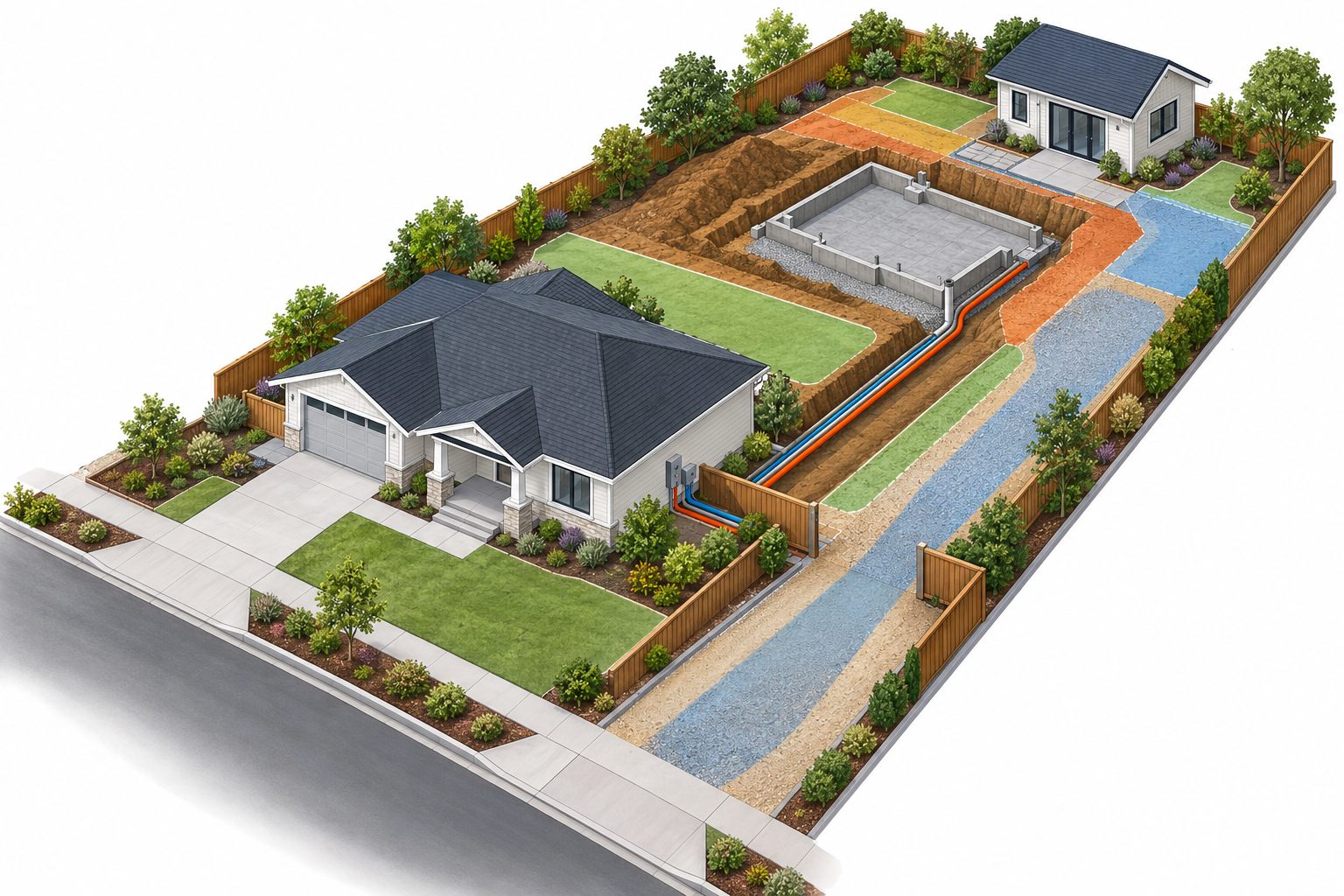 Isometric site plan showing an ADU, property access, utility routes, excavation, drainage, and landscape restoration.