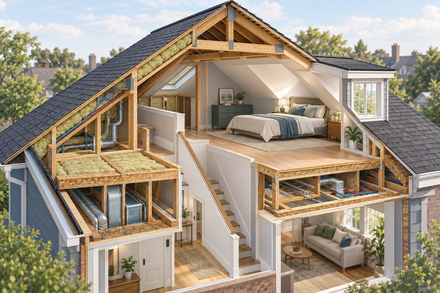 Attic cutaway showing roof slopes, framing, a stair route, a dormer window, services, and the difference between attic volume and usable room area.