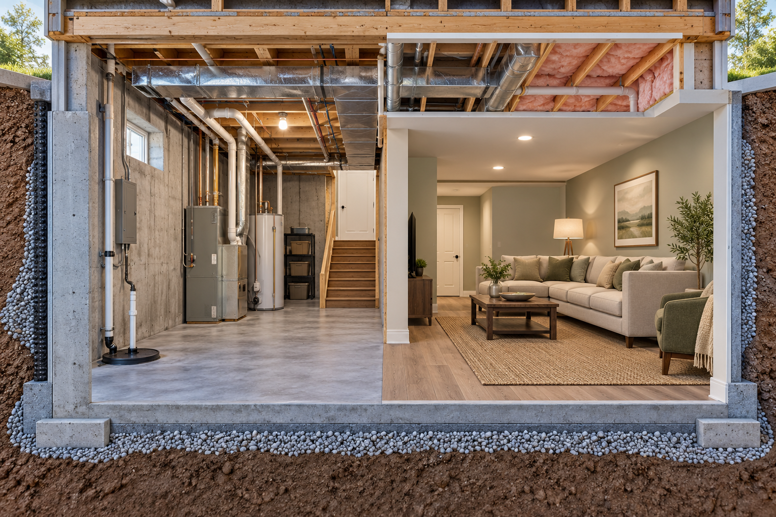 Basement cutaway comparing an unfinished concrete space and a finished family room while revealing moisture, services, and access considerations.