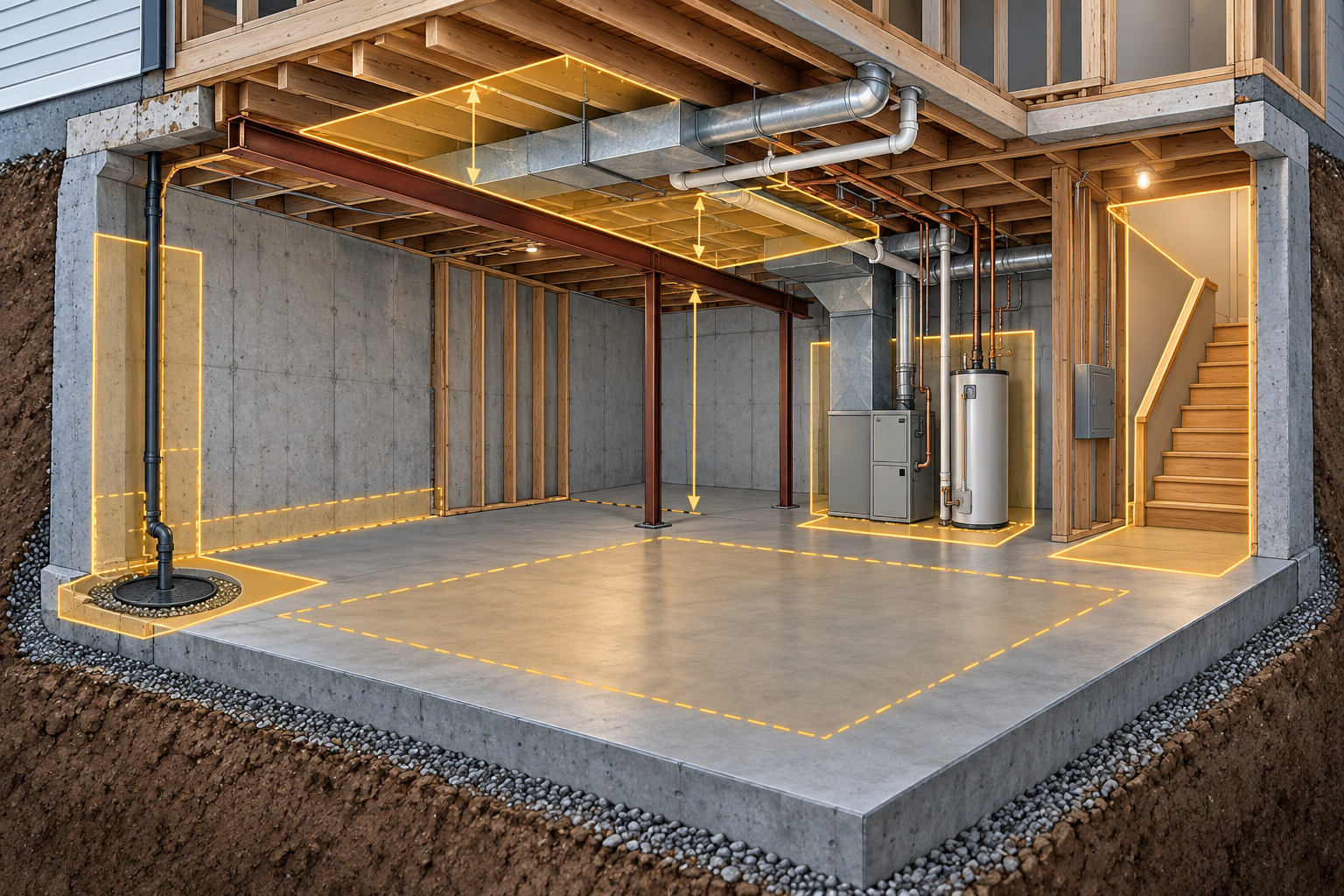 Unfinished basement cutaway highlighting foundation and floor, overhead systems, stairs and exits, mechanical equipment, and potential room area for assessment.