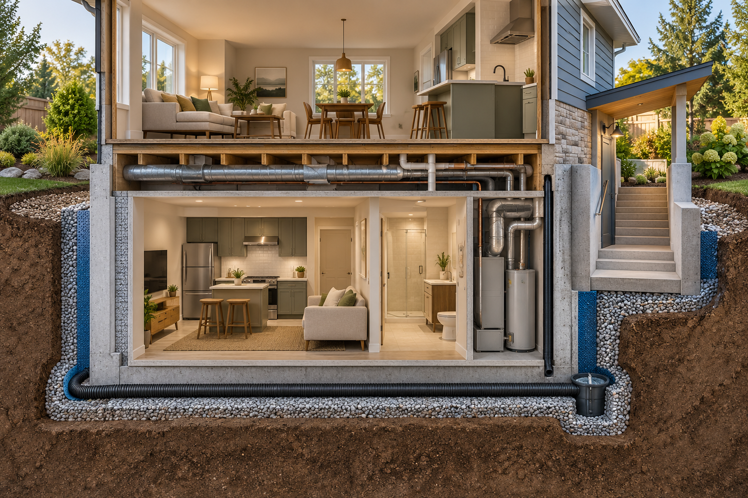 Basement suite section cutaway showing below-grade living space, an exterior entry, moisture-management area, kitchen, bathroom, and house systems.