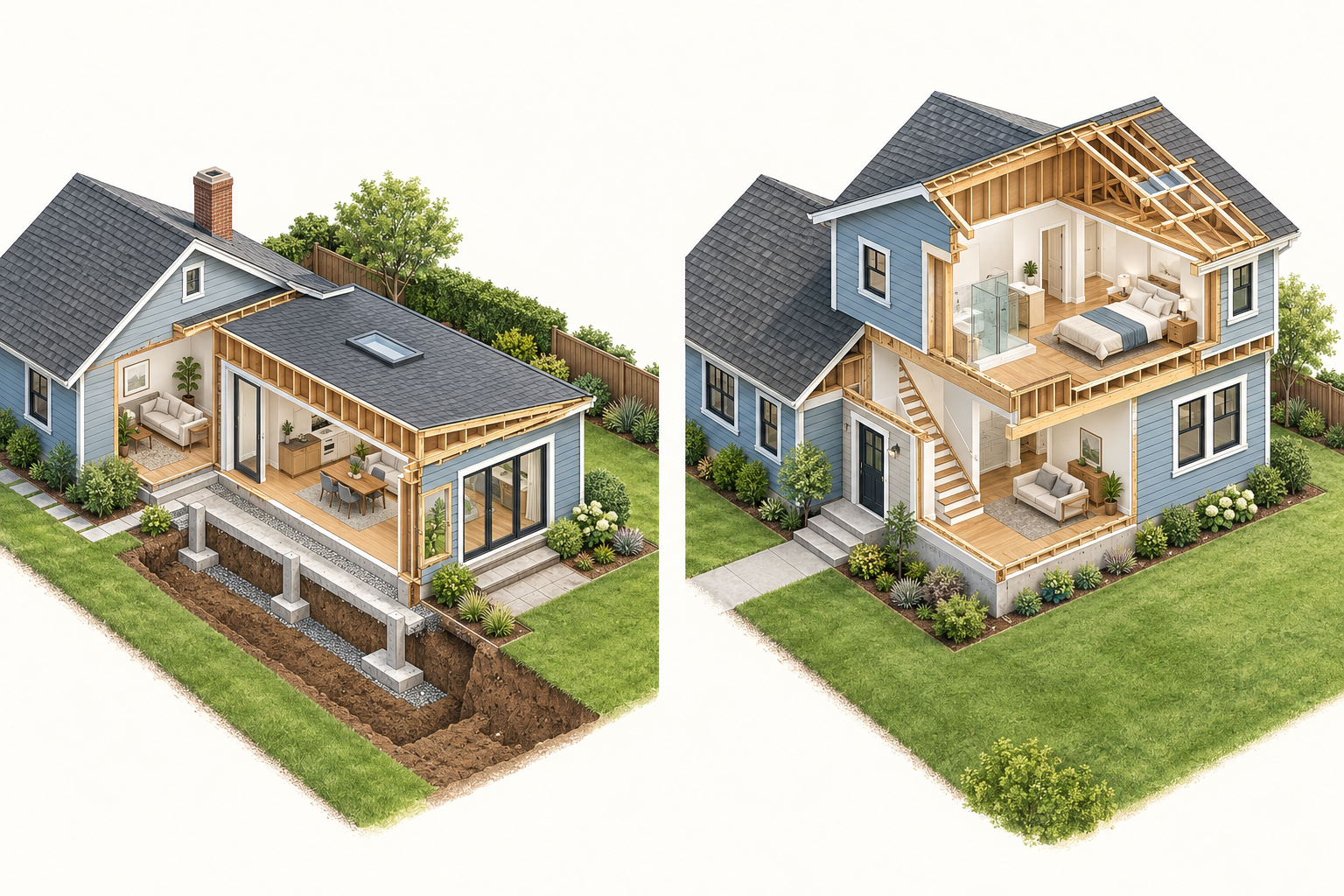 Side-by-side illustration comparing a ground-level build-out with a new foundation and a vertical second-story addition with roof work and stairs.