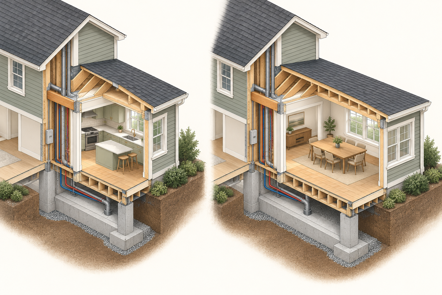 Two bump-out options show similar foundation, wall-opening, roof, utility, and restoration interfaces around different amounts of new floor area.