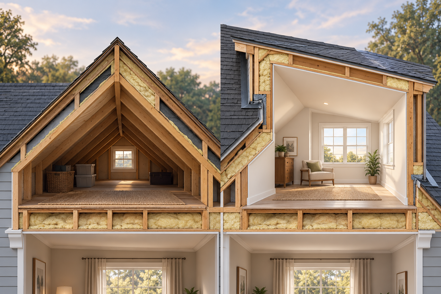 Roof cutaway comparison showing a sloped attic before a dormer and the added headroom and window after the roof alteration.