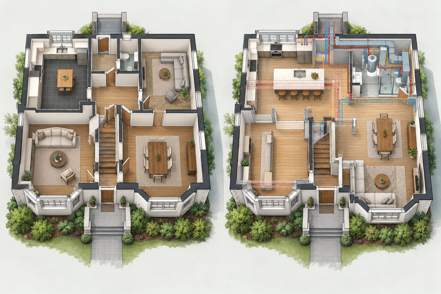 Paired before-and-after floor plans showing room changes, altered circulation, and connections across multiple building systems.