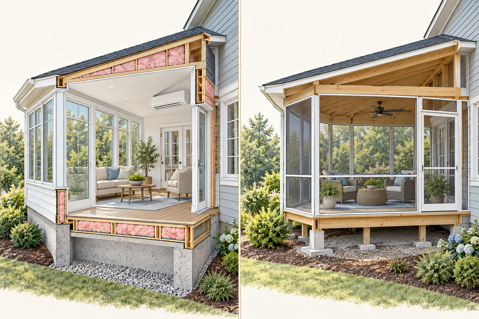 Side-by-side illustration of a conditioned four-season addition and a screened seasonal enclosure with different envelope and mechanical scope.