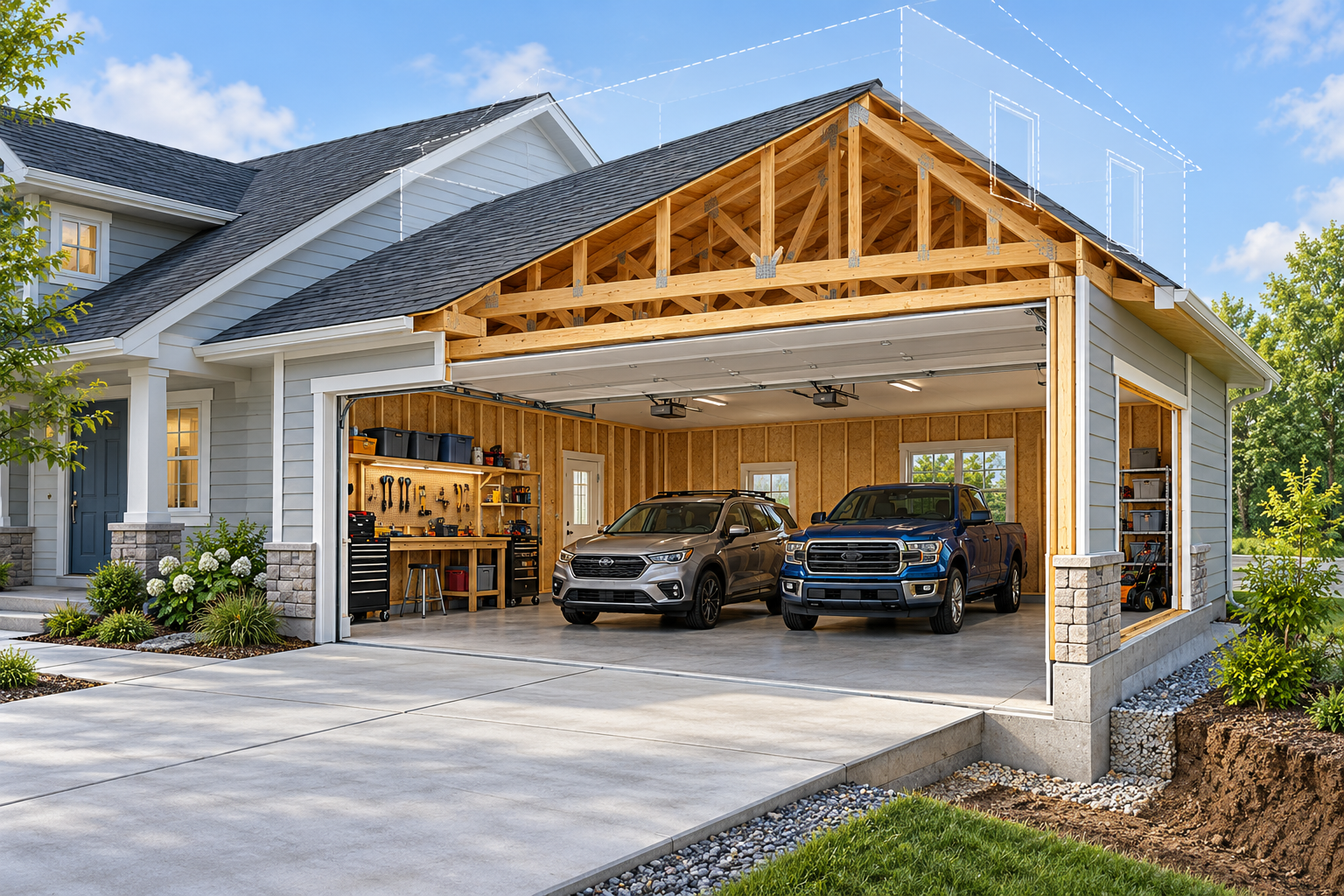 Isometric cutaway of an attached garage addition with vehicle and storage uses, driveway access, and a roof structure designed with future capacity in mind.