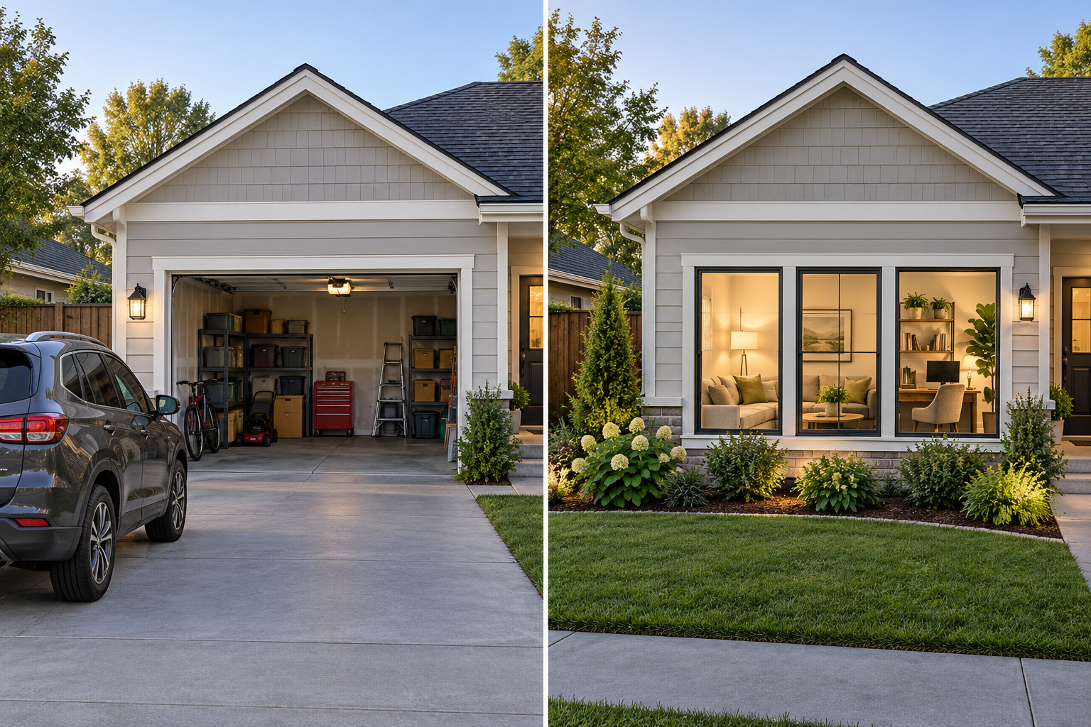 Before-and-after garage conversion showing the original vehicle and storage bay beside a connected family room with the lost parking function visible.