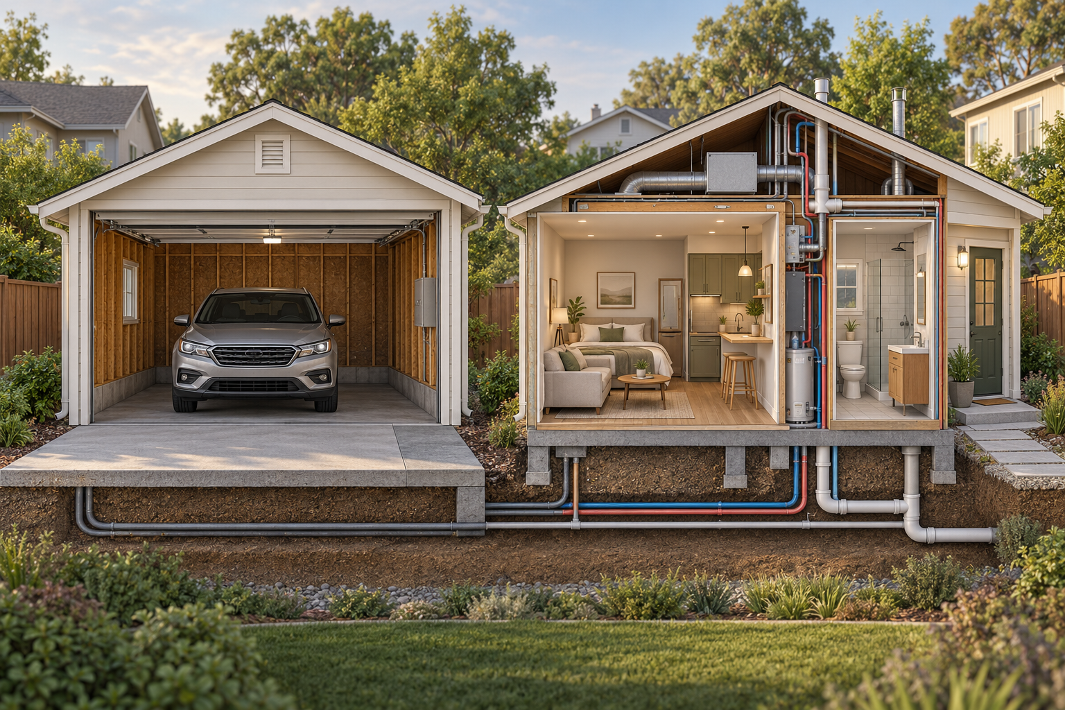 Before-and-after cutaway of a garage shell adapted into an independent dwelling, showing added kitchen, bath, services, entrance, and lost parking.