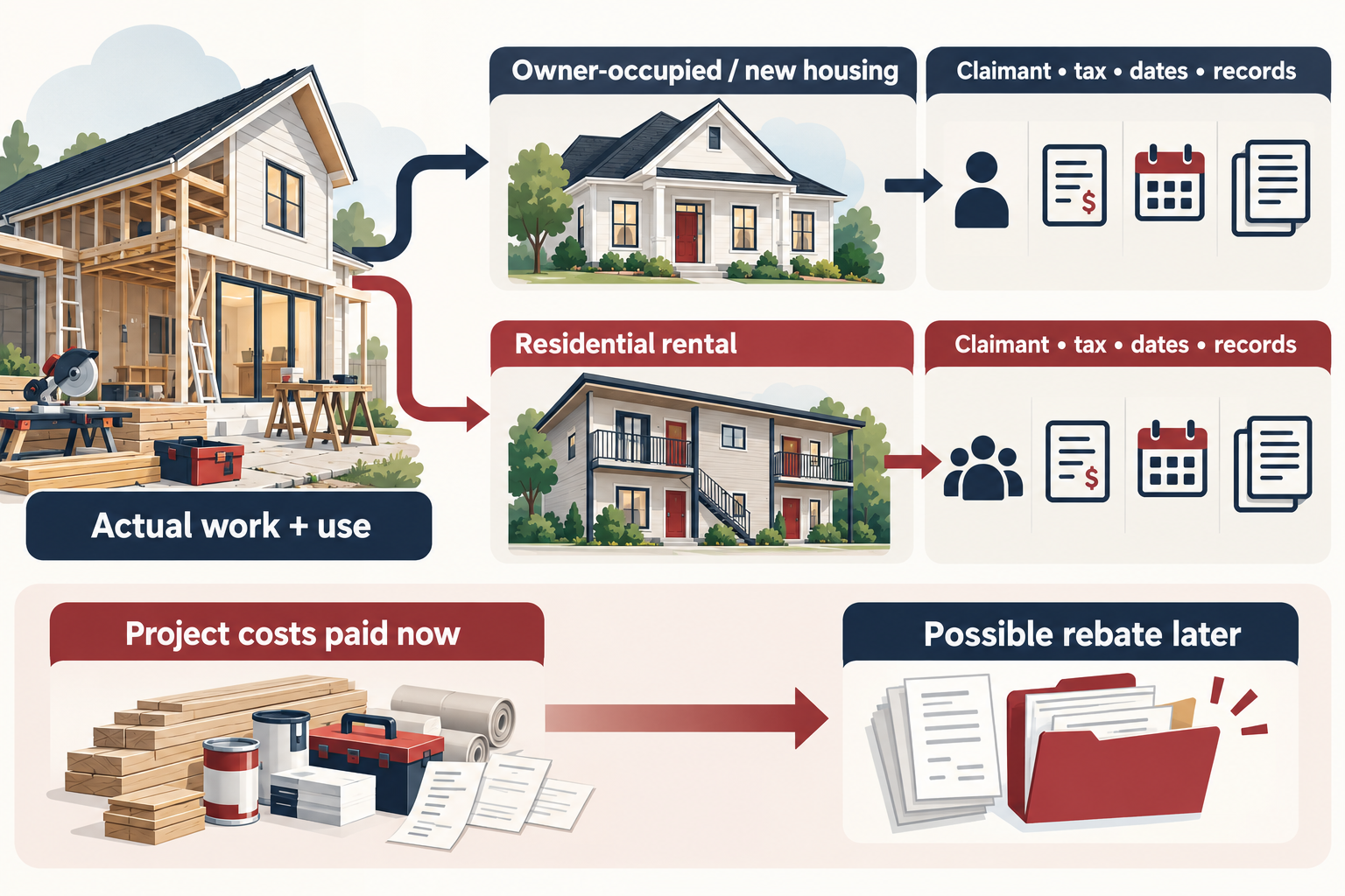 A Canadian renovation rebate route map separates owner-occupied and residential-rental questions, then tracks claimant, tax, dates, records, and a possible later rebate.