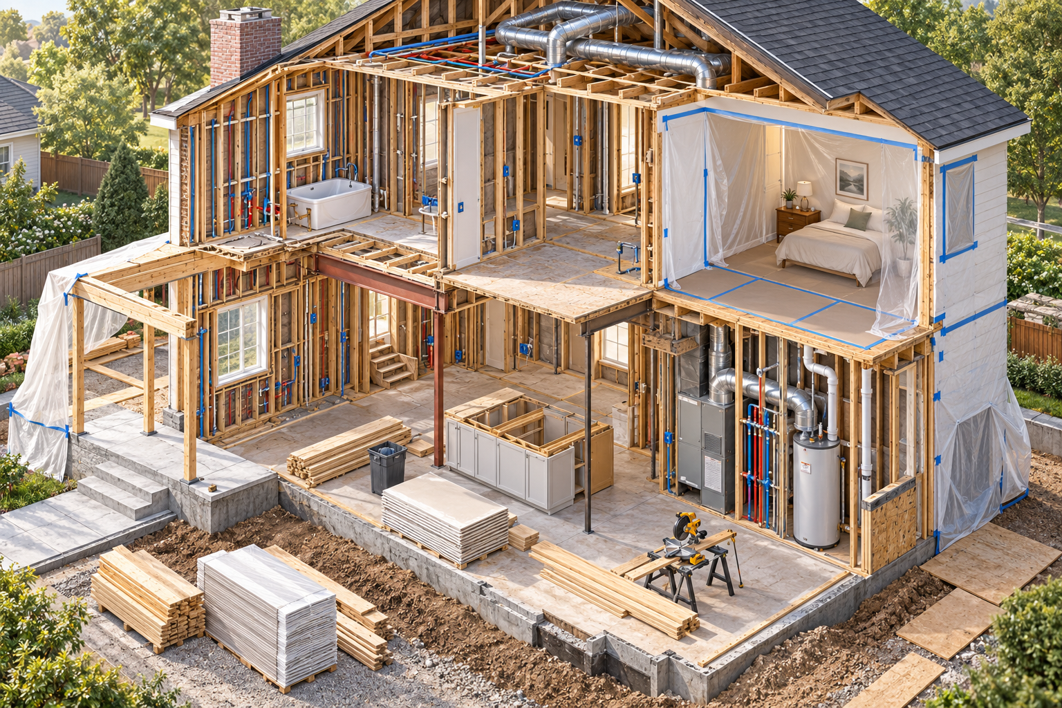 Controlled interior gut-renovation cutaway with selected rooms opened to structure and services while an adjacent area remains protected.