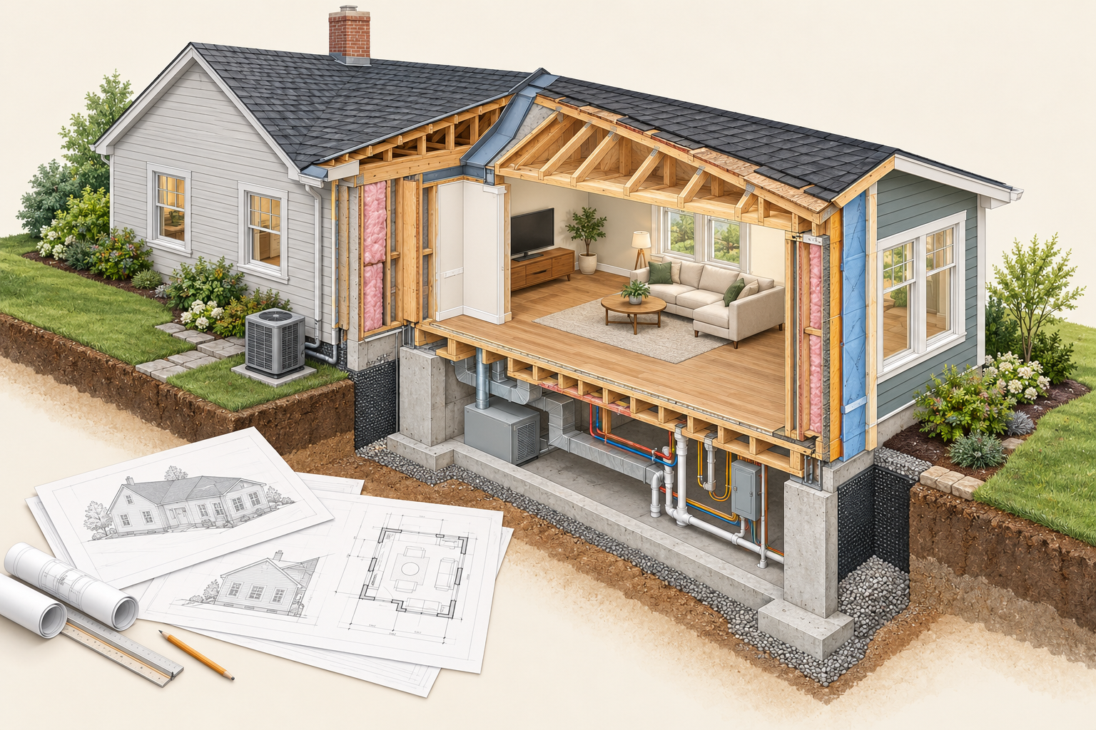 Cutaway illustration of a home addition showing the foundation, framed enclosure, house connection, utility systems, and finished living space.