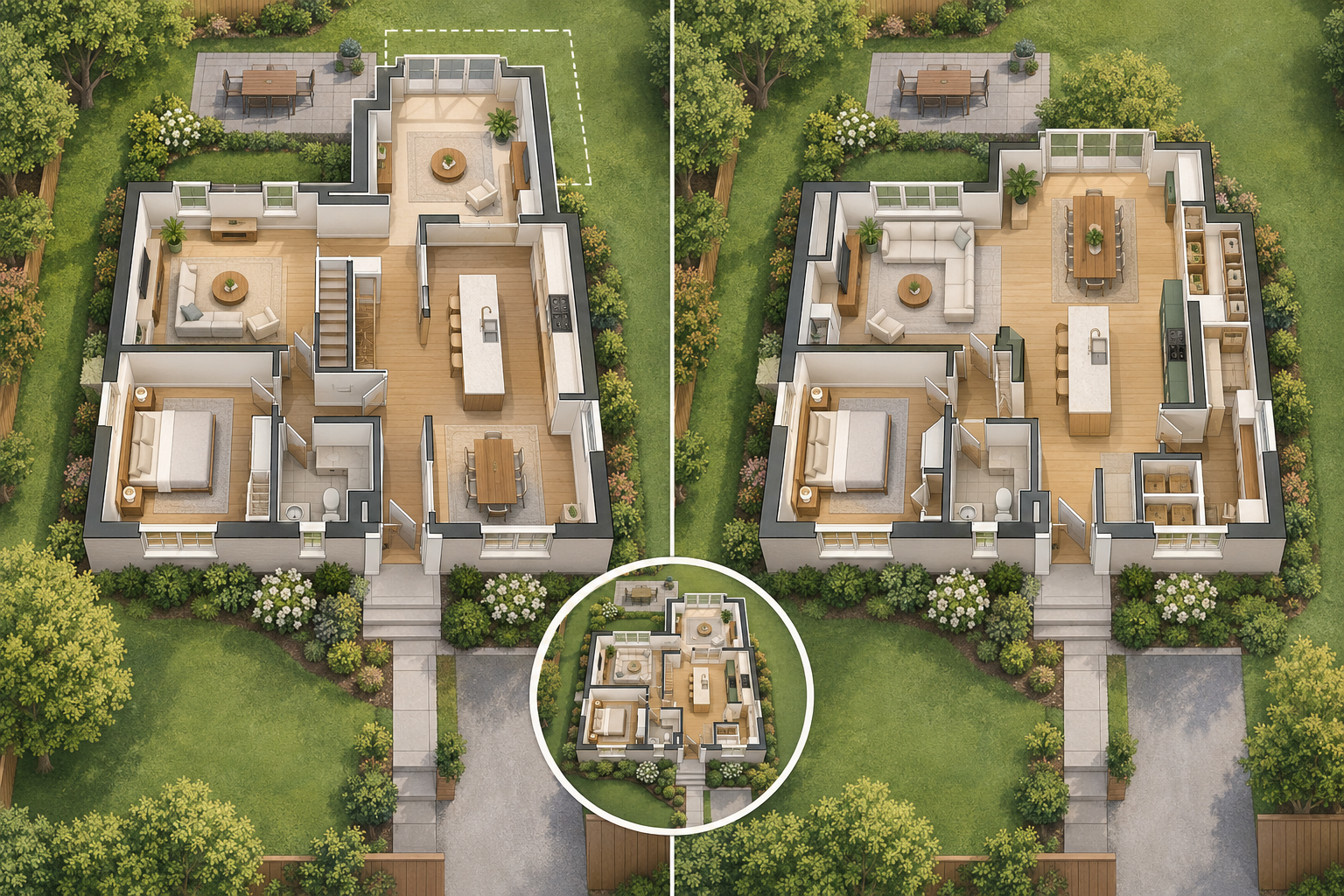 Paired home concepts: an addition creates new floor area while an interior reconfiguration improves room relationships within the existing footprint.