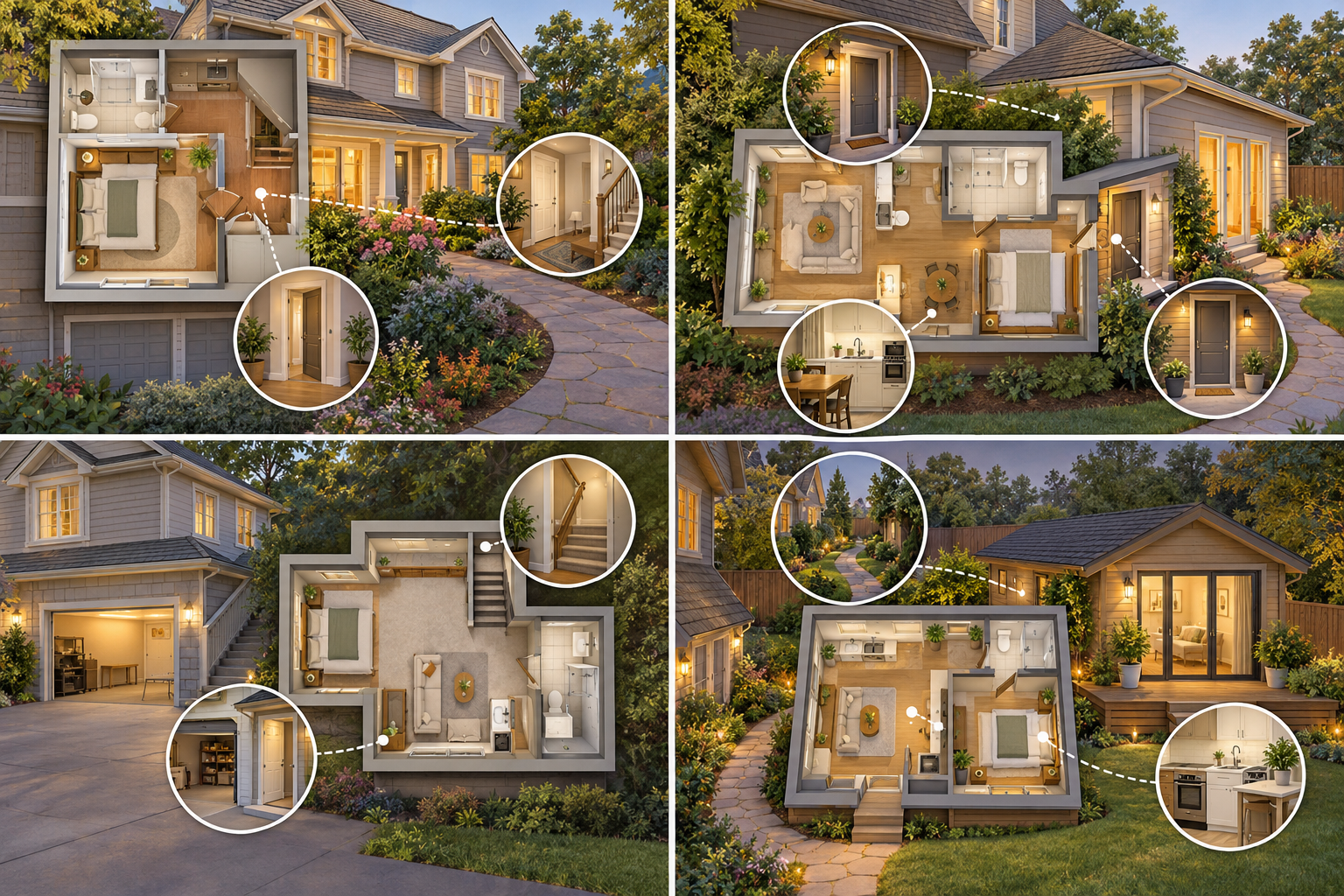 Illustrated range of family suite arrangements from shared home space to a more independent dwelling, showing different privacy and service relationships.