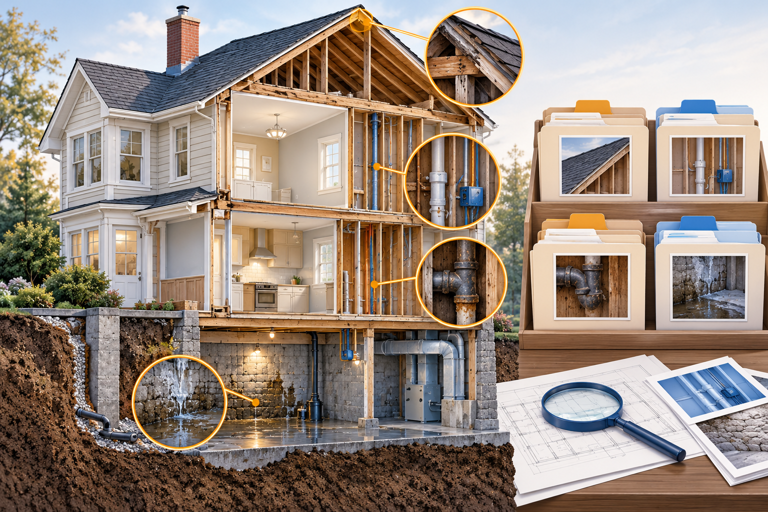 Renovation cutaway highlighting separate concealed-condition risks that can be investigated and assigned to a project reserve.