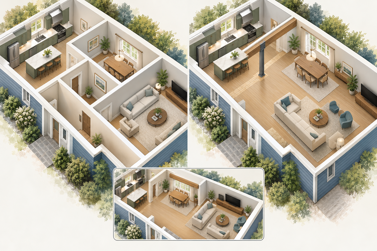 Before-and-after kitchen, dining, and living area with a wider connection, support concept, and utility/finish interfaces visible.