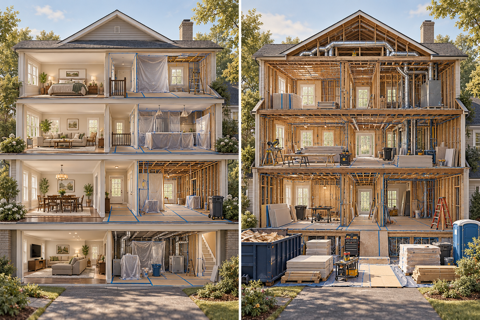 Illustrated comparison of separate protected renovation phases and one coordinated project affecting the home together.